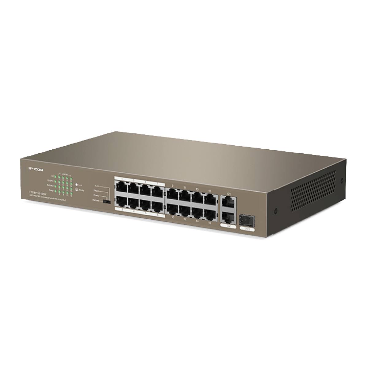 IPCOM is an unmanaged switch with 16 × 10/100 Mbps PoE ports and Gigabit uplink ports for efficient network expansion and data transmission.