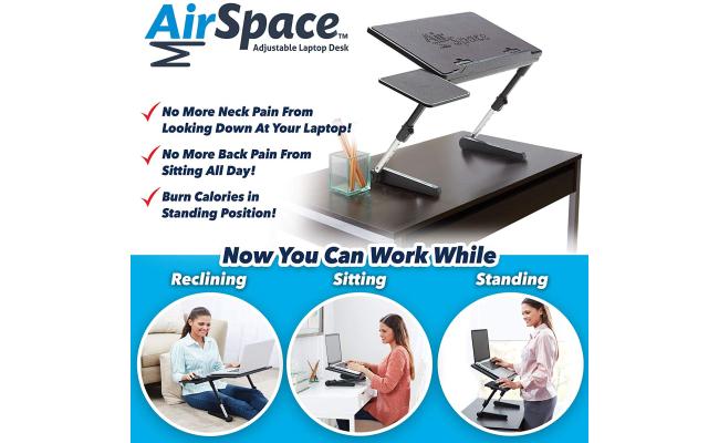 ADJUSTABLE LAPTOP DESK W/CPU-COOLING FAN W/MOUSE-PAD W/PHONE TRAY W/USB-CORD INCLUDES AIRSPACE STAND AND WORK