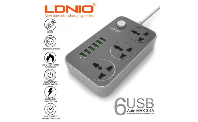 LDNIO SC3604 Smart 6USB Charger Adapter Charger 5V 3.4A Grounding Extension Power Socket EU/UK PLUG 17W- 3 Power