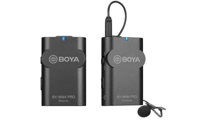 BOYA BY-WM4 Pro consists of one compact body-pack transmitter (TX4 Pro), a portable receiver(RX4 Pro), a Lavalier/lapel microphone