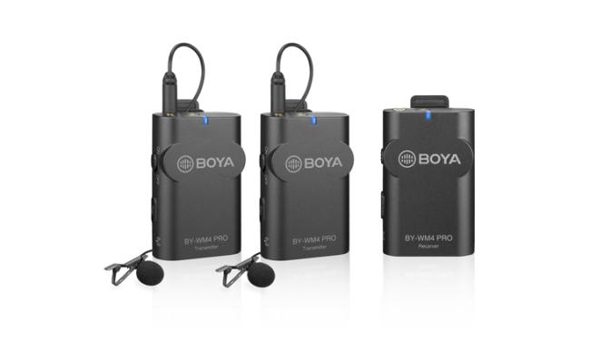 BOYA BY-WM4 Pro-K2 consists of two compact body-pack transmitters (TX4 Pro), a portable receiver(RX4 Pro), a Lavalier/lapel microphone