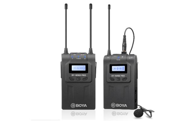 BY-WM8 Pro-K1 system consists of a bodypack transmitter, a camera-mount receiver, and two omnidirectional lavalier microphones