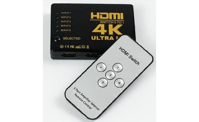 HDMI Switch 4K, 5-Port HDMI Switcher, Splitter, Supports 4K, Full HD1080p, 3D with IR Remote