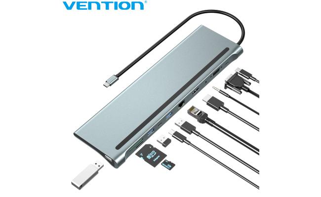 Vention Multi-function USB-C to HDMI/VGA/USB-C Gen 1/USB 3.0x2/USB 2.0/RJ45/SD/TF/TRRS 3.5mm/PD Docking Station