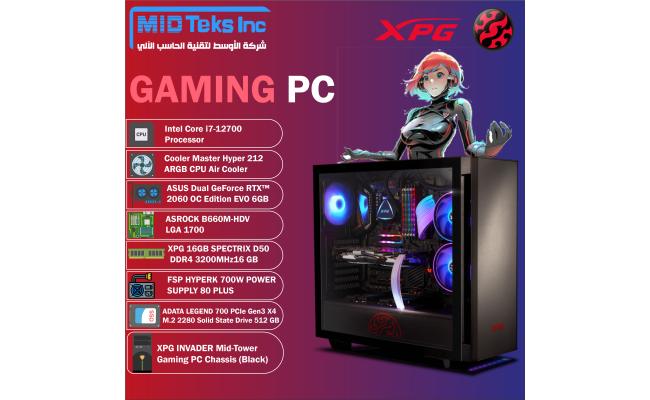 Gaming Desktop , CPU INTEL I7-12700, DDR4 /16GB ,SSD 512GB M.2 ,GeForce RTX™ 2060 OC edition EVO 6GB ,ASROCK B660M-HDV ,FSP HYPERK 700W POWER SUPPLY ,XPG INVADER Mid-Tower Gaming PC Chassis (Black)